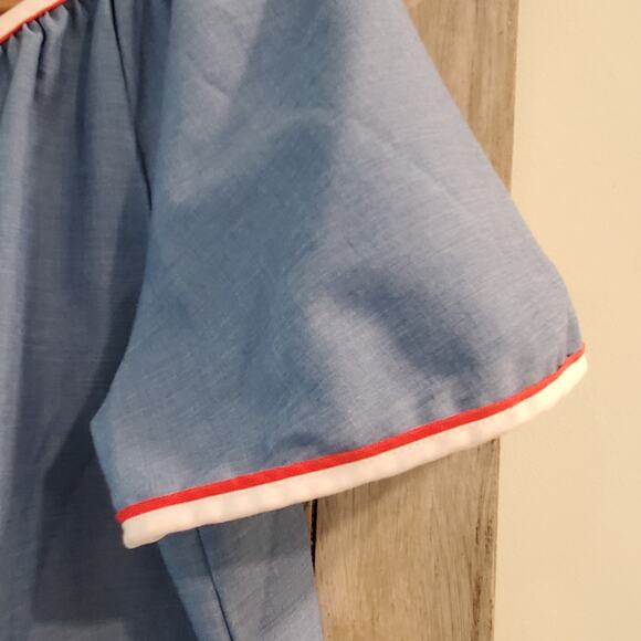 Komar House Dress Vtg Snap Front Kaftan Blue Red Stitching Lobster Pocket S/M - Picture 6 of 9
